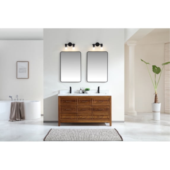 60" EBONY DOUBLE SINK VANITY LIGHT FINISH WITH WK-60D TOP 2" THICK WHITE NATURAL TOP