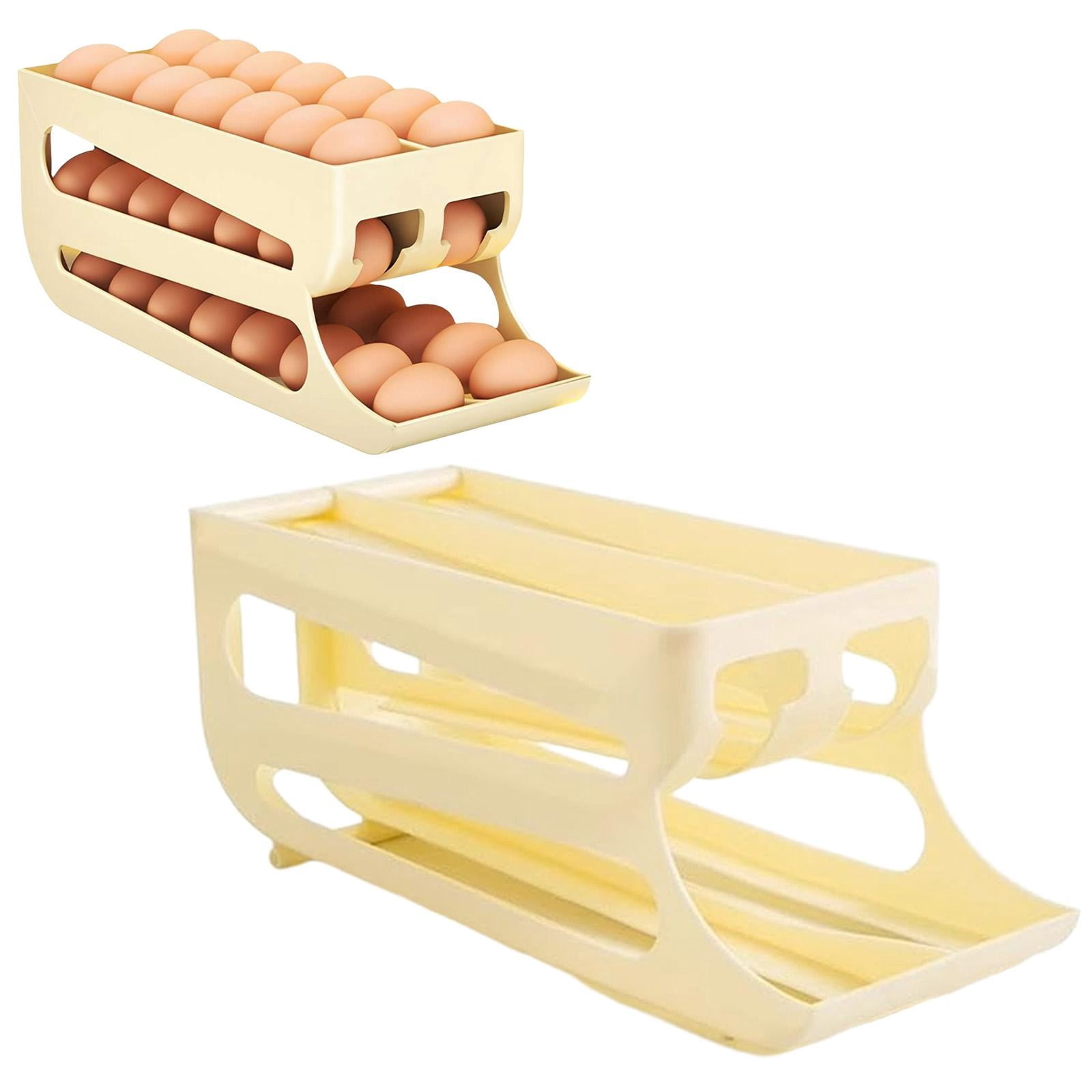 60 Eggs Egg Holder for Fridge, 3 Tiers Egg Container, Auto Rolling Fridge Egg Organizer for Refrigerator, Space-Saving Egg Dispenser Holder, Fridge Egg Rack, Beige