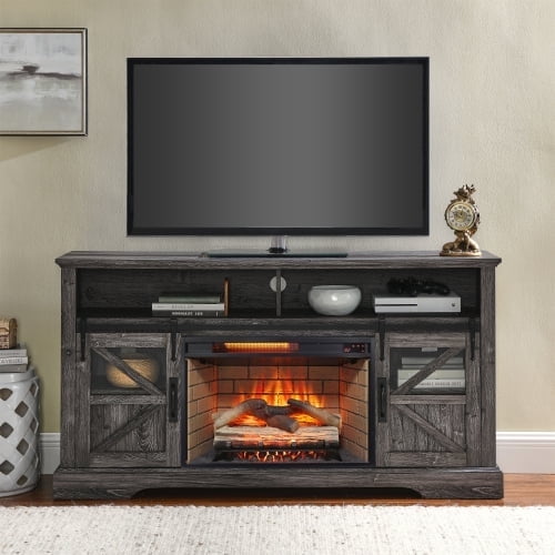 60" Electric Fireplace Entertainment Center, Door Sensor, Rustic Oak Finish, Adjustable Heat