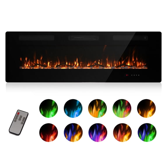 60'' Electric Fireplace Recessed 3.8'' Ultra Thin Insert &Remote control, Adjustable flame color & time, Low Noise (Fake Fire)