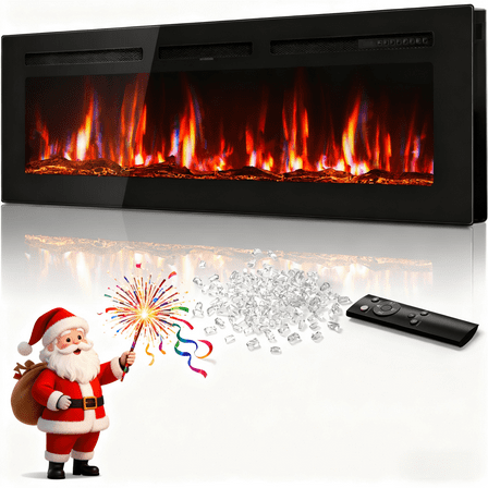 Patiosunny 60" Electric Fireplace Recessed and Wall Mounted, Ultra-Thin Fireplace Heater, Touch Screen, Low Noise, 6-Level Flame Speed, 12-Kind Carbon Bed Colors, 24H-Timer, with Logs, Crystal, Black