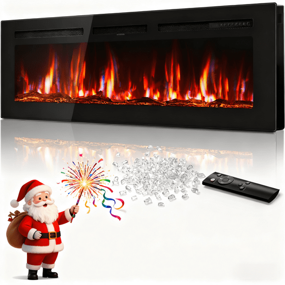 Patiosunny 60" Electric Fireplace Recessed and Wall Mounted, Ultra-Thin Fireplace Heater, Touch Screen, Low Noise, 6-Level Flame Speed, 12-Kind Carbon Bed Colors, 24H-Timer, with Logs, Crystal, Black