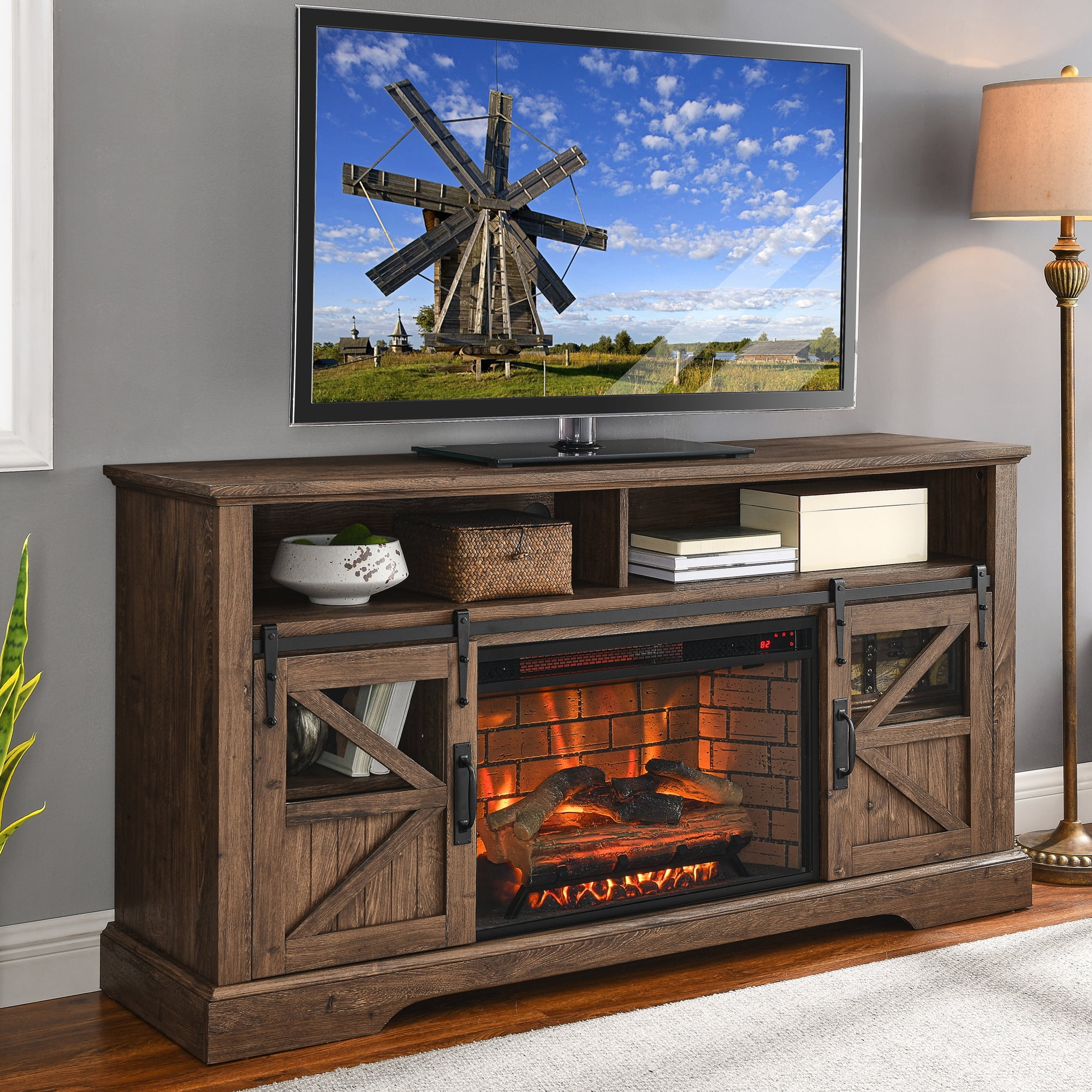 60" Electric Fireplace TV Console, Wood TV Stand with 26 Inch Fireplace ...