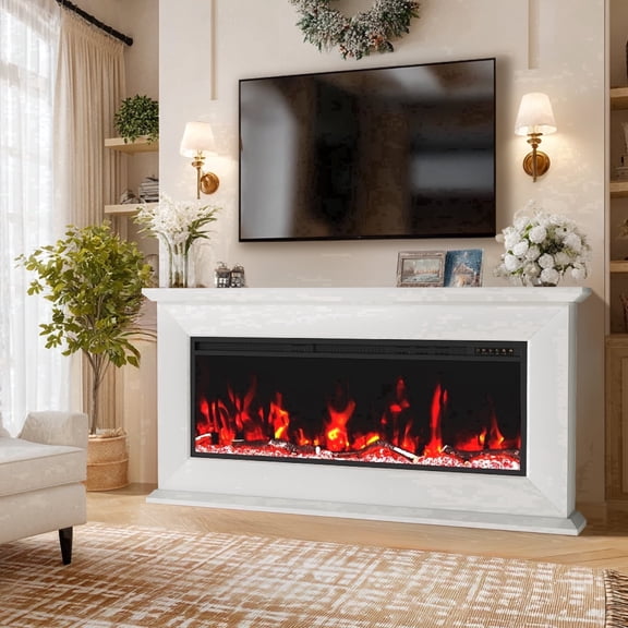 60" Electric Fireplace TV Stand with Mantel, 50" Fireplace Insert, 1500W Heater, 12 Flame Effects & 15 LED Colors, Remote, Timer, White