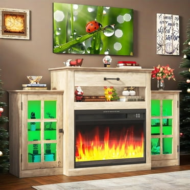 60" Electric Fireplace with Mantel, LED Fireplace TV Stand for up 65" 70" Flat Screen TVs, Tall Entertainment Center with Glass-Doors & Glass-Shelves