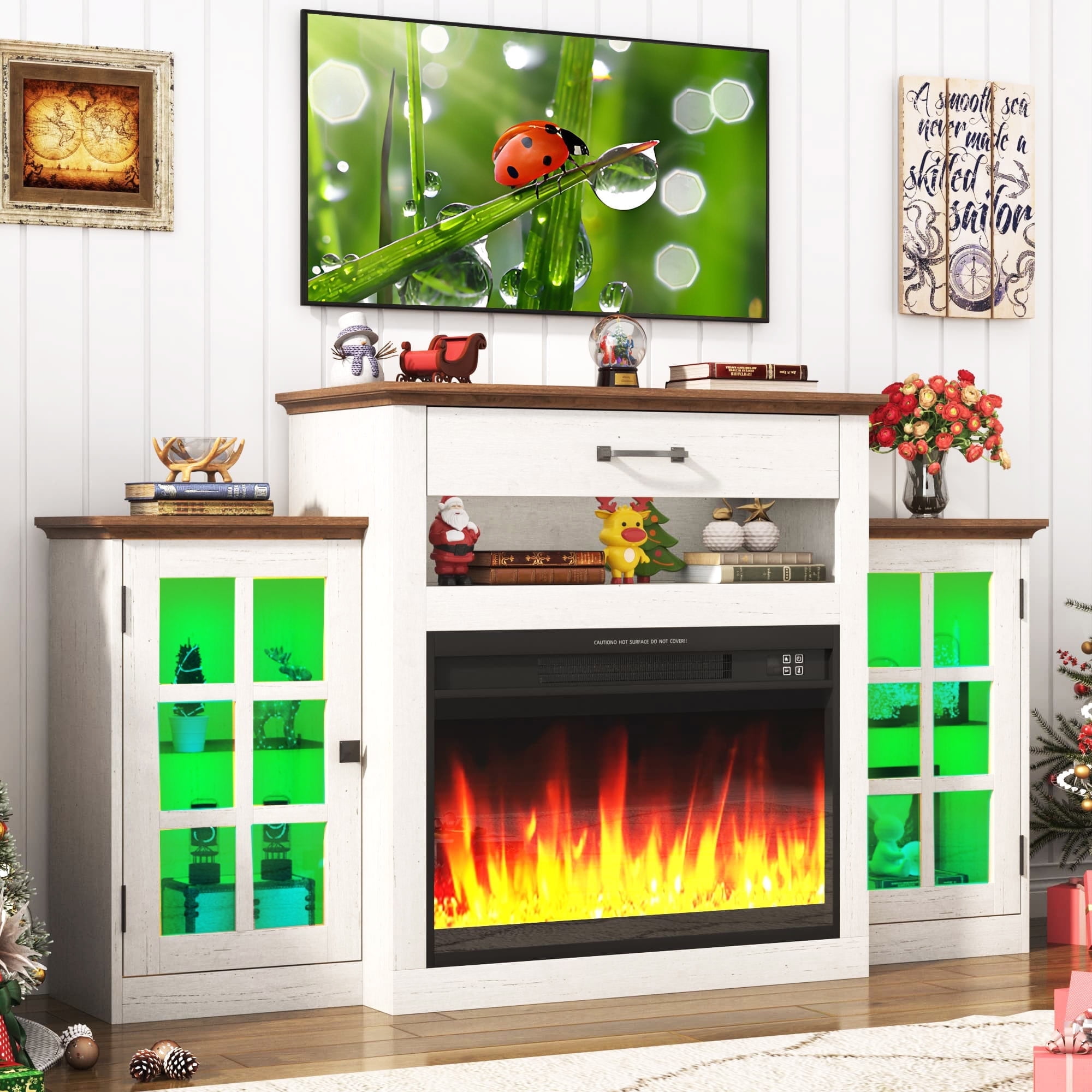 60" Electric Fireplace with Mantel, LED Fireplace TV Stand for up 65" 70" Flat Screen TVs, Tall Entertainment Center with Glass-Doors & Glass-Shelves
