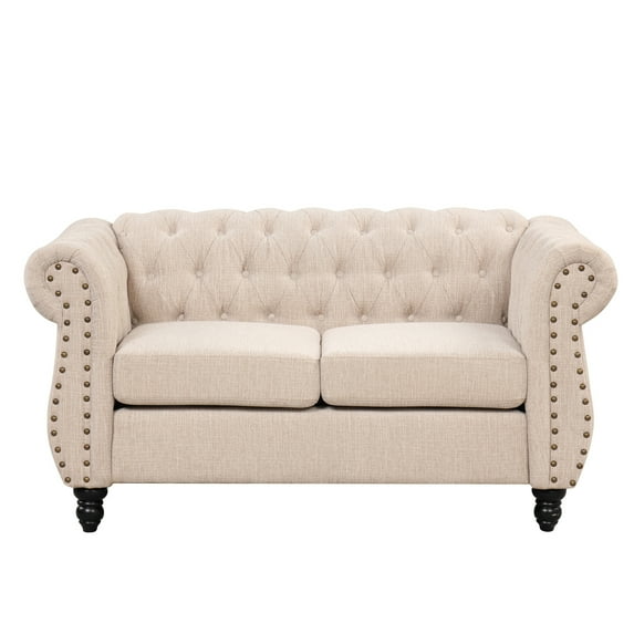 60" Elegant Modern Upholstered Sofa with Solid Wood Legs, Mid-Century Loveseat Sofa Chair with Buttoned Tufted Backrest and Detachable Cushion, Suitable for Living Room, Beige