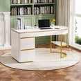 thumbnail image 1 of 60'' Executive Desk, Large Office Computer Desk with 3 Drawers and 1 Storage Cabinet, White Curved Home Desk with Gold Metal Legs, Modern Simple Workstation Business Furniture, 1 of 7