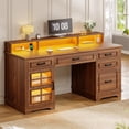 thumbnail image 1 of 60'' Executive Desk with Power Outlet & LED Light, Farmhouse Home Office Desk with Locking File Drawer, Wood Computer Desk with Monitor Stand, Glass Storage Cabinet, Hooks, Brown, 1 of 7
