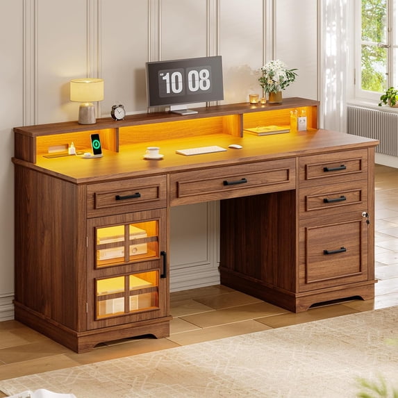 60'' Executive Desk with Power Outlet & LED Light, Farmhouse Home Office Desk with Locking File Drawer, Wood Computer Desk with Monitor Stand, Glass Storage Cabinet, Hooks, Brown