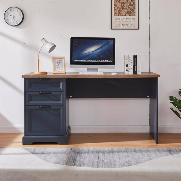 60" Executive Desk with Charging Station, Home Office Desk with 2 Drawers and 1 File Cabinet, Fluted Computer Desk (Blue)