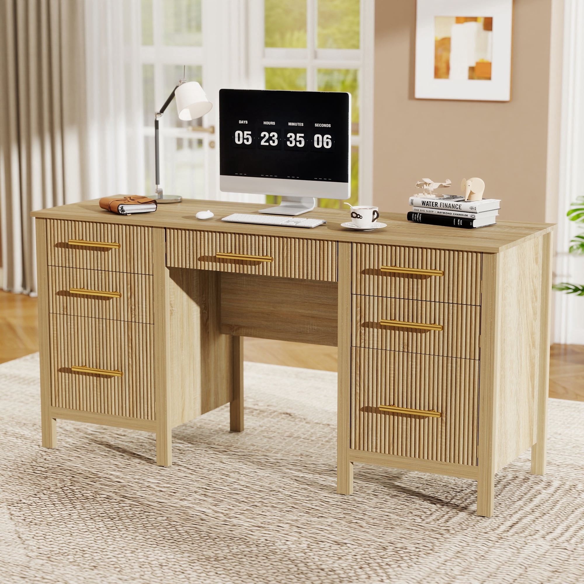 60" Executive Desk with Drawers, Modern Home Office Desk with File Cabinet, Wood Computer Writing Desk Workstation
