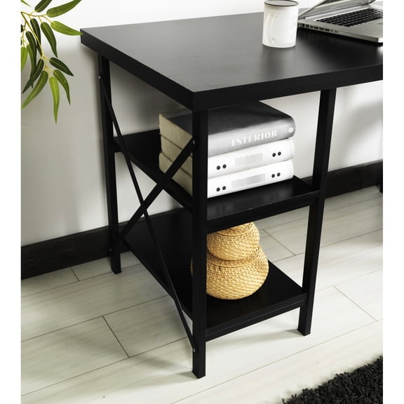 60" Extra Wide Solid Wood Top Desk With 4 Shelves And Black Metal Structure For Home Office Writing Computing Works Desk, Construction Computer