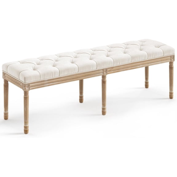 60" Fabric End of Bed Bench, Upholstered Tufted French Bedroom Bench with Carved Legs for Bedroom End of King Size Bed, Living Room, Beige