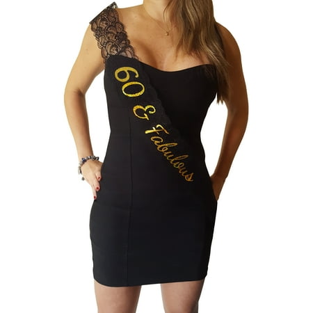 60 & Fabulous Lace Sash - 60th Birthday Sash Black and Gold