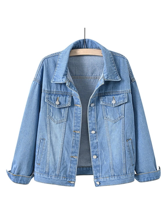 Up to 60% off Fall Fashion, Brilliant Womens Long Sleeve Shirts with Collar Button Down Denim Jacket Jean Jackets Women Casual V -Neck Pocket Back Split Tops/Shirt