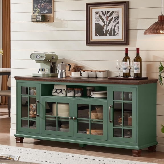 60" Farmhouse Buffet Cabinet with Storage, Large Wood Sideboard Cabinet with Glass Doors, Kitchen Coffee Bar Cabinet for Dining Room, Green
