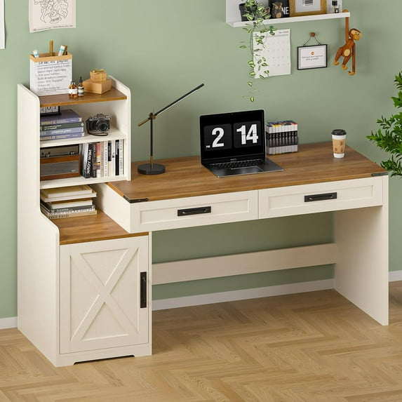YOMILUVE 60'' Farmhouse Computer Desk with Drawers, Home Office Desk with Bookcase, Vanity Desk Writing Study Table with Storage, Antique White