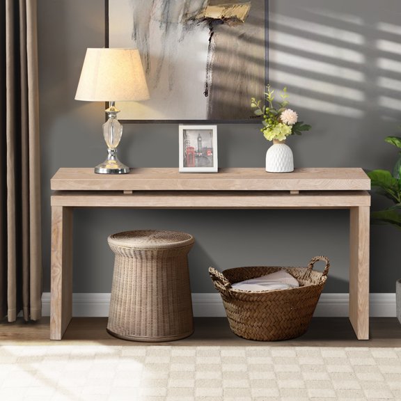 60'' Farmhouse Console Table, Retro Wooden Entryway Table with Double Board Suspension Design, Solid Wood Sofa Table for Hallway Entryway Living Room Entrance, Natural