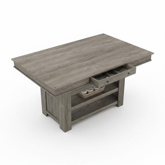 60" Farmhouse Counter Height Dining Table with Wine Rack, 3 Shelves & 2 Drawers — Wooden Kitchen Bar Table with Thick Sturdy Frame for Entertaining-Gray