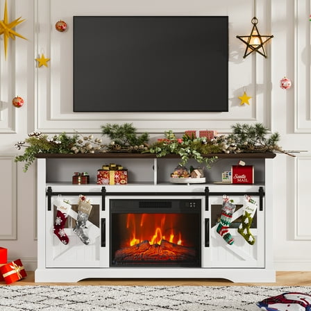 60" Farmhouse Electric Fireplace TV Stand for TVs up to 65",Entertainment Center with Glass Door Storage Cabinet, Modern Media Console Table with Electric Fireplace for Living Room, Brown/Grey/White