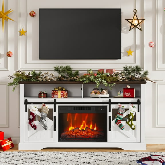 60" Farmhouse Electric Fireplace TV Stand for TVs up to 65",Entertainment Center with Glass Door Storage Cabinet, Modern Media Console Table with Electric Fireplace for Living Room, Brown/Grey/White