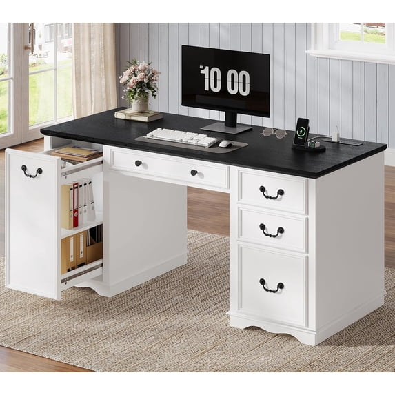 60'' Farmhouse Executive Desk with Drawers, Home Office Desk with Power Outlet & Keyboard Tray, Wood Computer Desk with File Drawer & Slide-Out Storage Shelves, Writing Desk for Work, White