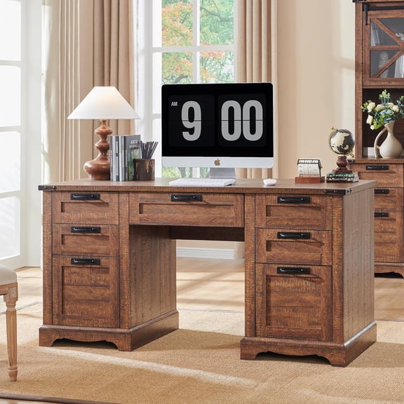 60" Farmhouse Executive Desk with Drawers, Wood Home Office Desk w/Charging Station, Keyboard Tray, File Drawer, Storage Cabinet, Rustic Computer Writing Desk (Reclaimed Barnwood)