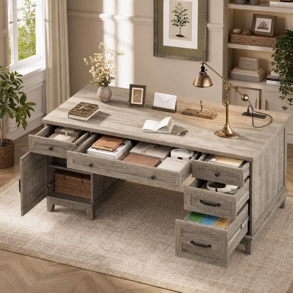 60" Farmhouse Executive Desk with 6 Drawers, File Drawer, Cabinet, Power Outlets and USB Ports, Large Computer Workstation for Home Office,Gray