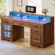 60'' Farmhouse Executive Desk with Drawers, Computer Desk with Power Outlet and LED Lights for Home, Office, Brown