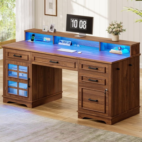 60'' Farmhouse Executive Desk with Drawers, Computer Desk with Power Outlet and LED Lights for Home, Office, Brown