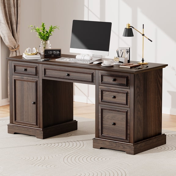 60" Farmhouse Executive Desk with File Drawer, Storage Cabinet, Wood Home Office Desk , Rustic Computer Writing Desk for Home, Study, Work, Writing
