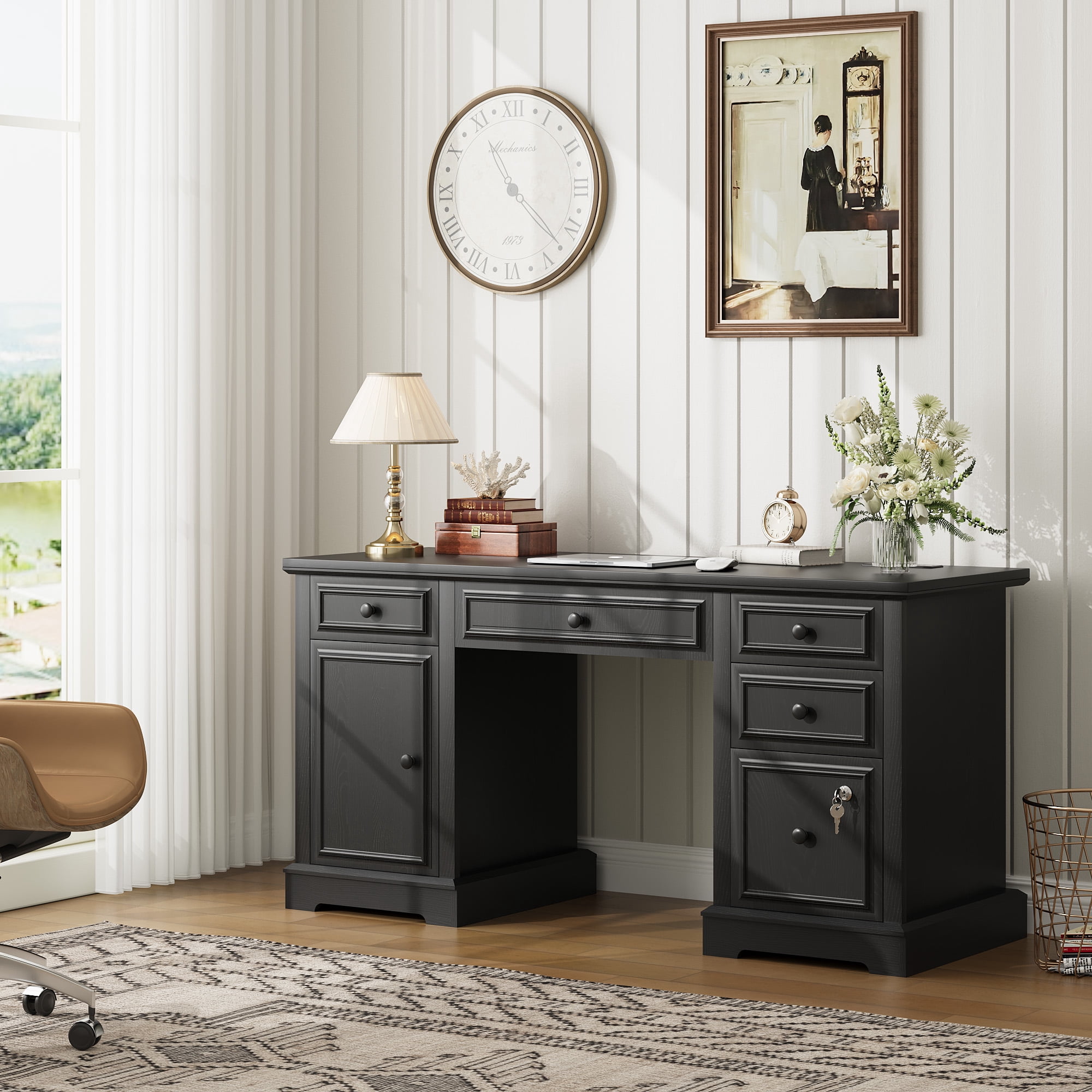 60" Farmhouse Executive Desk with File Drawer, Storage Cabinet, Wood Home Office Desk , Rustic Computer Writing Desk for Home, Study, Work, Writing