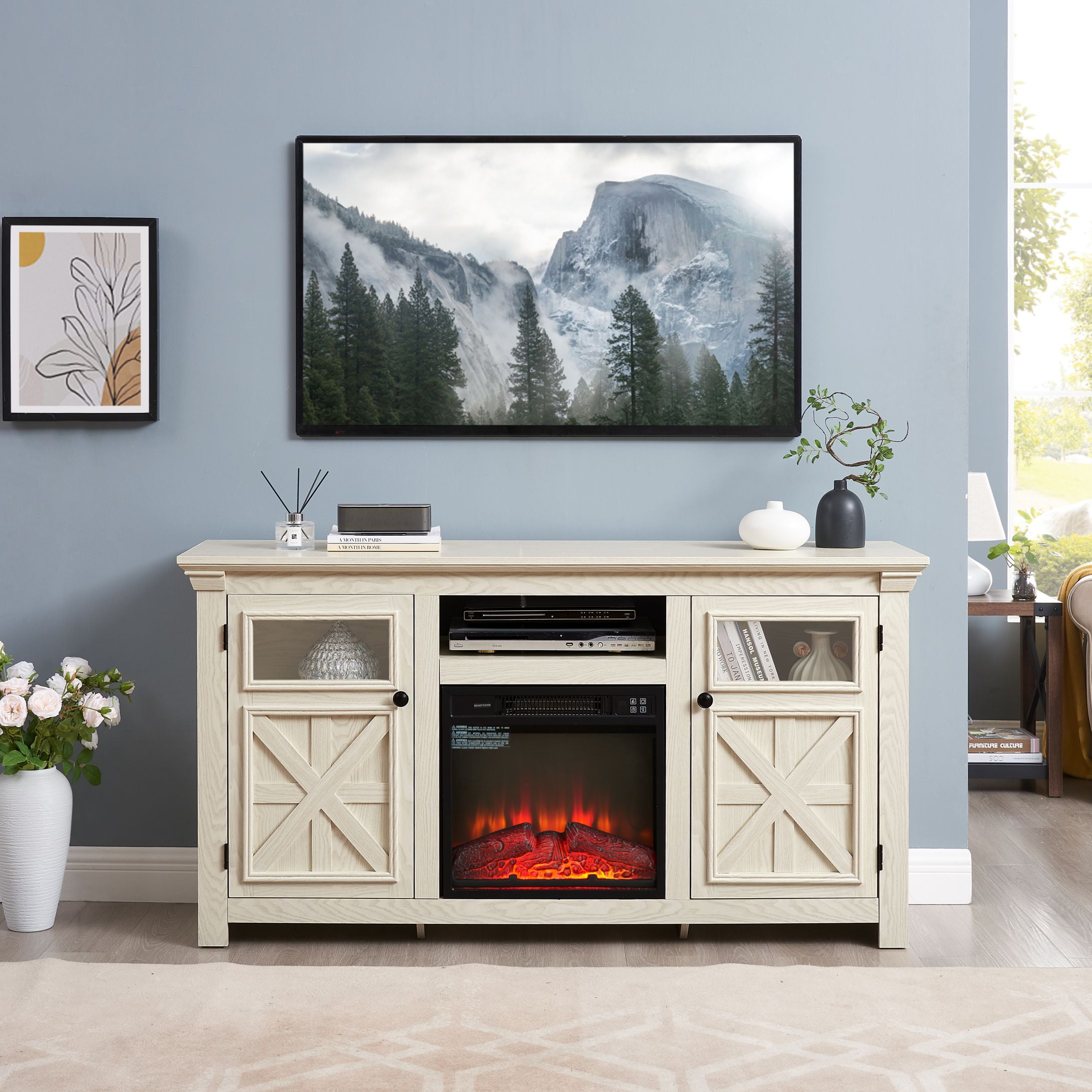 60" Farmhouse Fireplace TV Stand for TVs up to 70 inch, Entertainment ...
