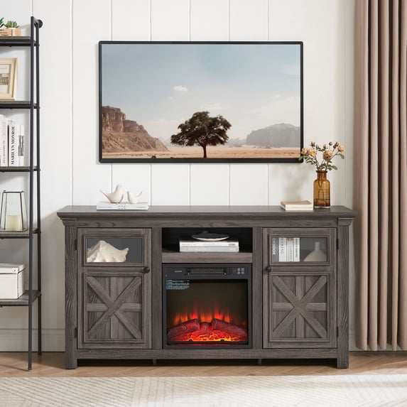60" Farmhouse Fireplace TV Stand for TVs up to 70 inch, Entertainment Center with 20" Electric Fireplace,Rustic TV with Glass Barn Doors for Living Room, Adjustable Shelf