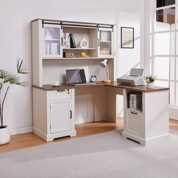 60" Farmhouse L Shaped Desk with Hutch,Executive Desk with Lockable Drawers,Built-in Socket,Adjustble File Cabinet and Shelves,Secretary Desk with Hutch for Home Office Work and Study (60")