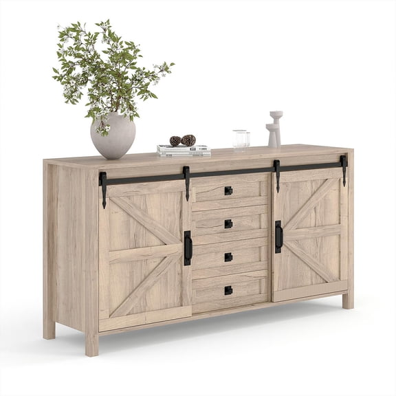 60" Farmhouse Sideboard Buffet Cabinet with Sliding Barn Doors & 4 Drawers,Kitchen Cabinet with Storage for Dining Room,Coffee Bar,31.5" Tall Wooden Sideboard TV Stand Console Table(ship in 2 boxes)