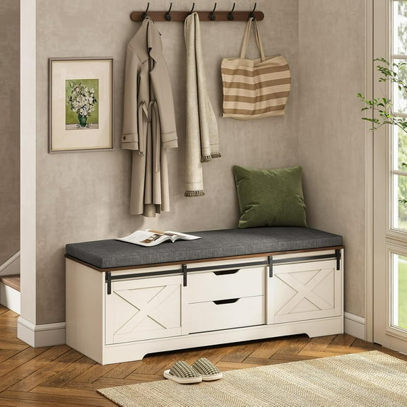 60 Farmhouse Storage Bench with Cushion, Shoe Rack with Slide Barn Doors, Adjustable Shelf and 2 Drawer for Entry, Bedroom, Closet, Living Room, Hallway (White Brown, 60 in)