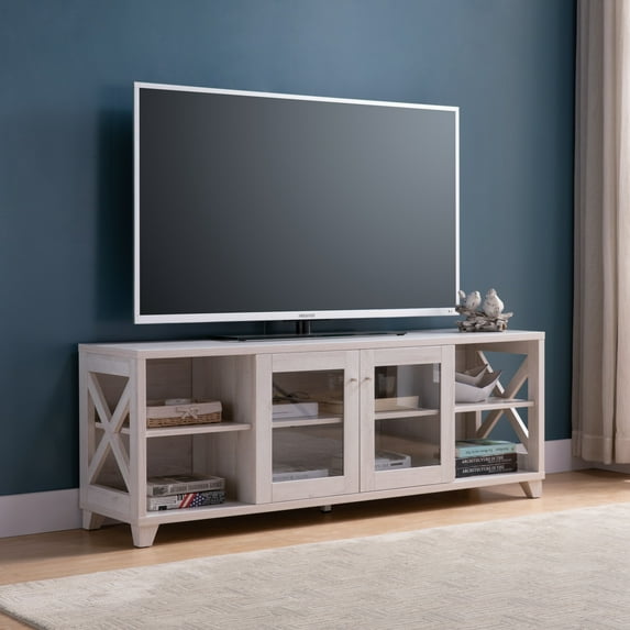 60" Farmhouse TV Stand – White Oak Media Console with Glass-Front Cabinet