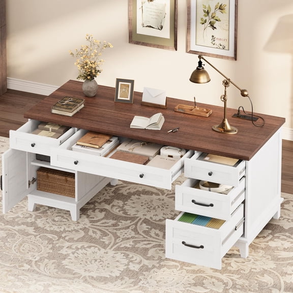 60" Farmhouse Wood Desk with Drawers, Executive Desk with Adjustable File Cabinet, Home Office Desk with Power Outlets, Distressed Writing Desk for Work and Study