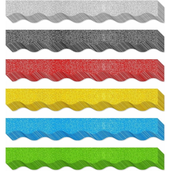60 Feet Bulletin Board Borders, 45 Sheets Glitter Scalloped Border Trim Holiday Decoration for School, Classroom Office Party Wall Decor (6 Colors, Golden/Silvery/Red/Blue/Black/Green)
