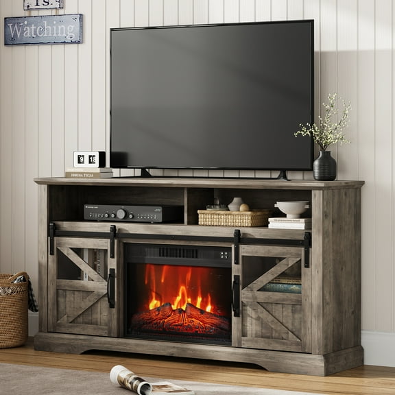 60" Fireplace TV Stand, Farmhouse 23" Electric Fireplace with Remote Control, Large Storage TV Console Stand with Sliding Barn Door & Adjustable Shelf Media Console for Living Room