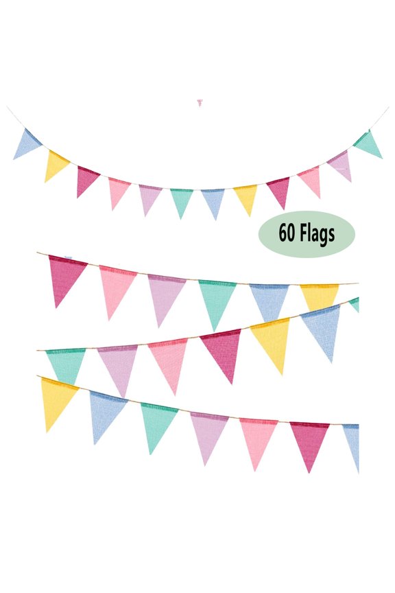 60 Flags Imitated Burlap Pennant Banner Multicolor Fabric Triangle Flag Hanging Decoration for Summer Party