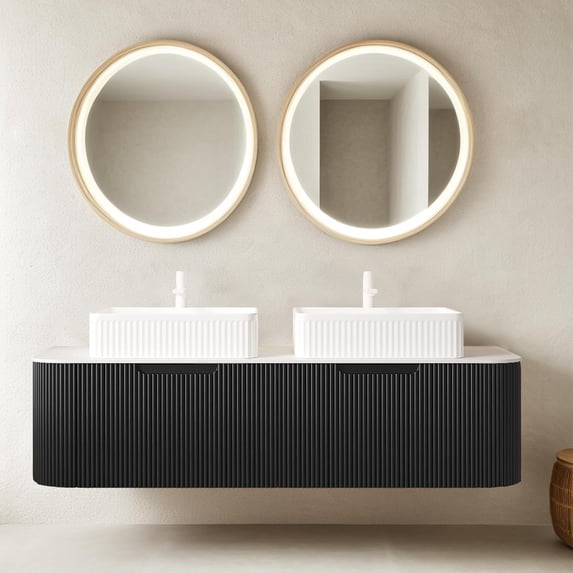 60" Floating Bathroom Vanity with Double Sink, Modern Bathroom Vanities with Marble Countertop and White Rectangular Ceramic Sink, Soft-Close Design, Natural Solid Wood Cabinet, Pre-Assembled, Black