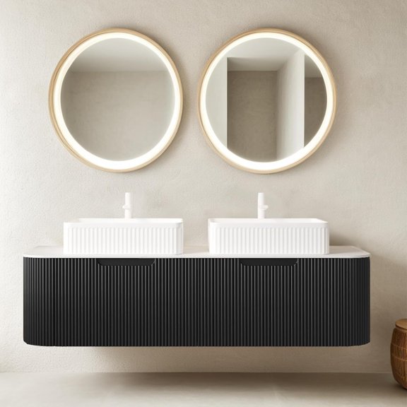60" Floating Bathroom Vanity with Double Sink, Modern Bathroom Vanities with Marble Countertop and White Rectangular Ceramic Sink, Soft-Close Design, Natural Solid Wood Cabinet, Pre-Assembled, Black