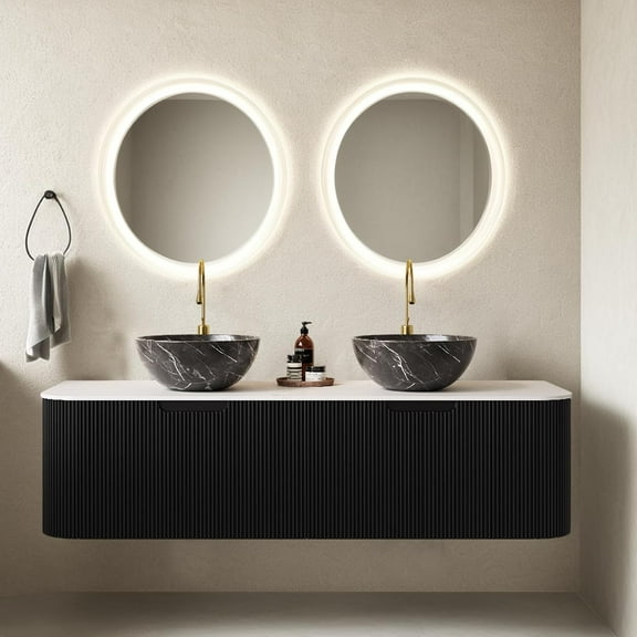 60" Floating Bathroom Vanity with Double Sink, Natural Solid Wood Modern Bathroom Vanities with Ultra-Thin Marble Sink and Countertop, Soft-Close Design, Pre-Assembled Cabinet, Black