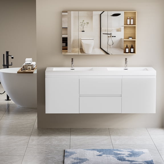 60 Floating Bathroom Vanity with Sink, Modern Wall-Mounted Bathroom Storage Vanity Cabinet with Double Resin Top Basin and Two Soft Close Drawers, Whtie