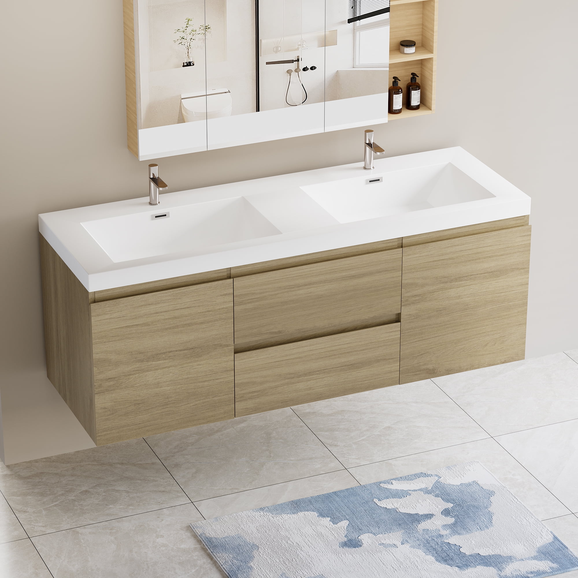 60" Floating Bathroom Vanity with Sink, Modern Wall-Mounted Bathroom ...