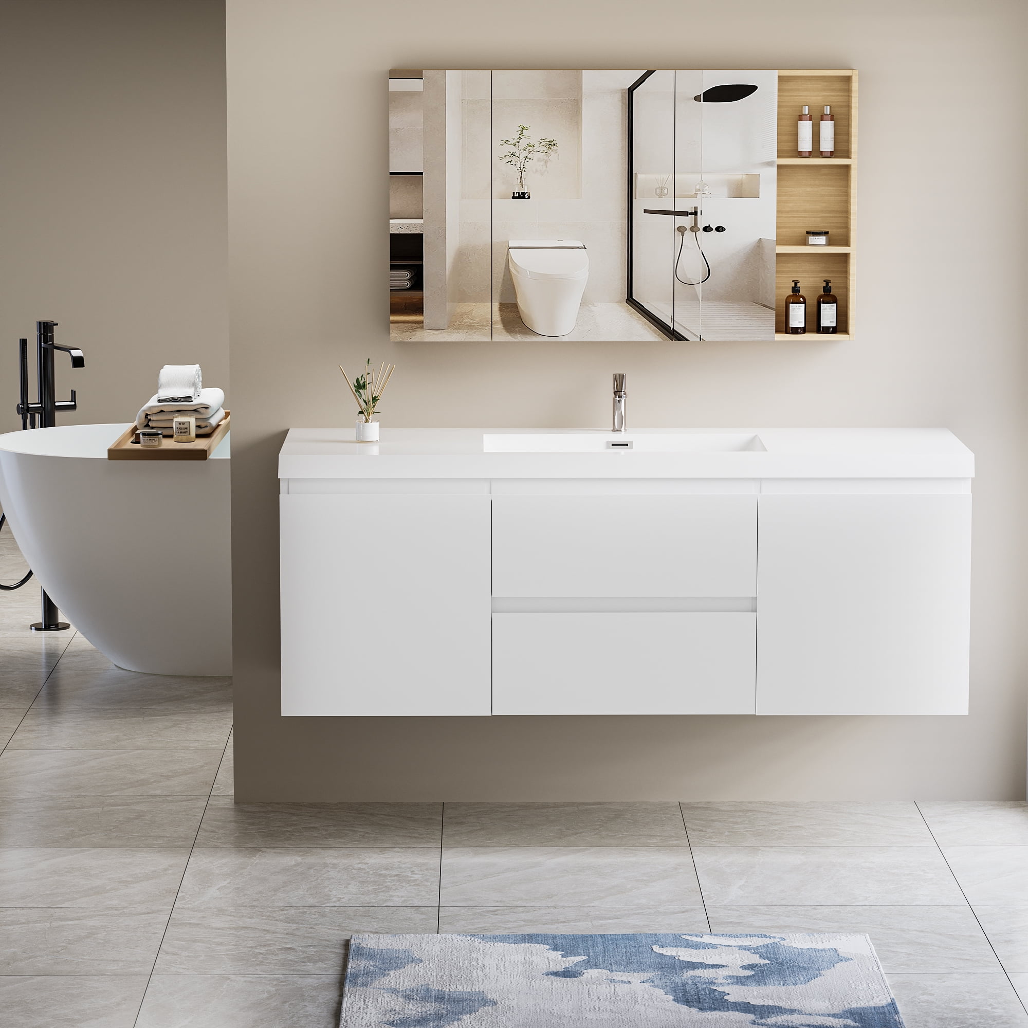 60“ Floating Bathroom Vanity with Sink, Modern Wall-Mounted Bathroom ...