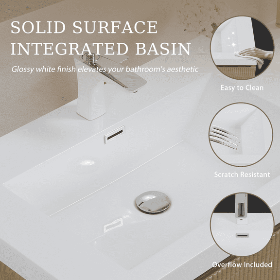 60" Floating Vanity with Sink, Wall-Mounted Striped Cabinet, Soft-Close Drawer, Double Glossy White Solid Surface Basins, Fully Assembled, Natural Oak Finish. Model: 24V16-60NOW-W1920P385461